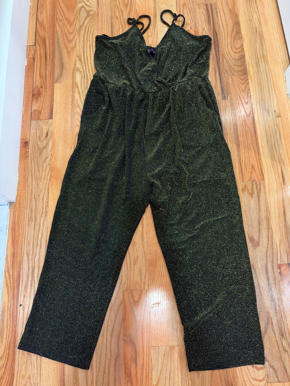 Annabelle Metallic Black w/gold Spaghetti-Strap Jumpsuit